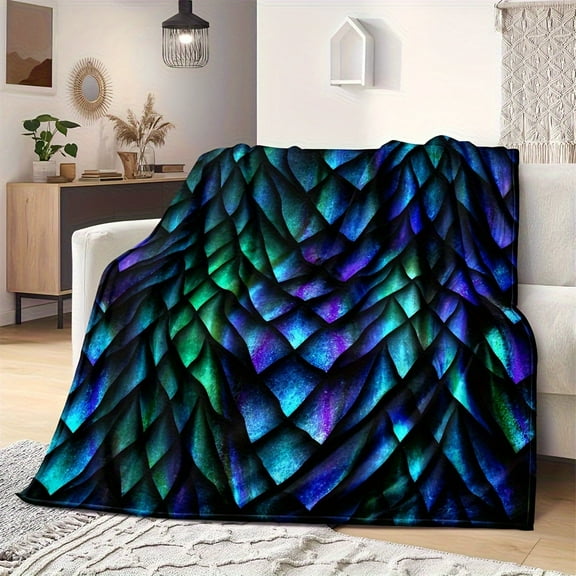 60"x80" Cozy Fish Scale Fleece Blanket Super Soft Machine Washable All-Season Comfort Vibrant Iridescent Blue & Green Geometric Pattern Multi-Purpose Throw for Home Decor