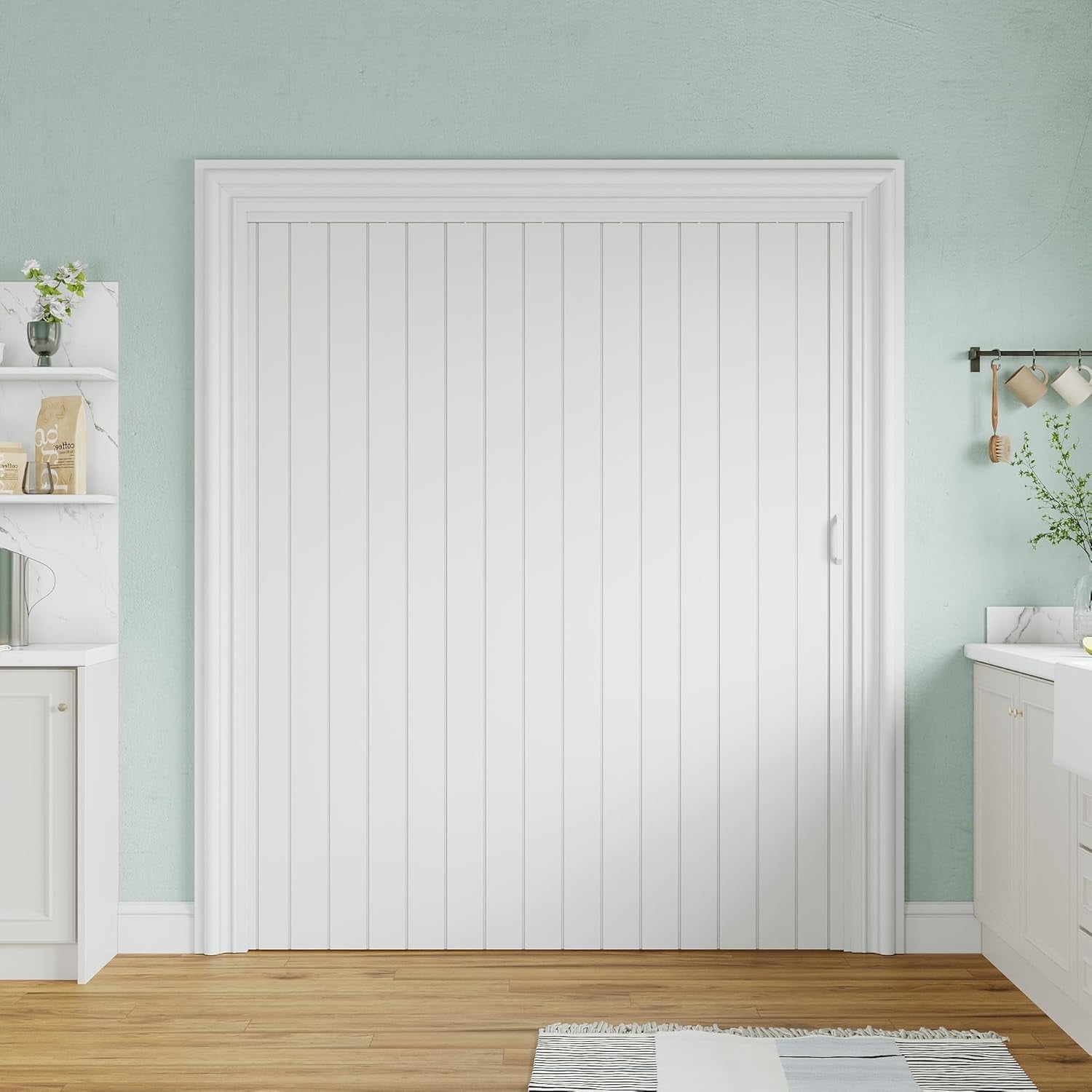 60"x80" White PVC Accordion Style Door - Space Efficient Sliding System for Bedrooms & Walk-In Closets
