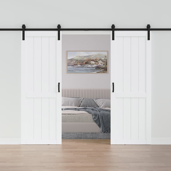 60''x84'' Double White Primed Paintable Sliding Barn Door – Solid Manufactured Wood, Closet & Pantry Interior Door with Complete Installation Hardware Kit