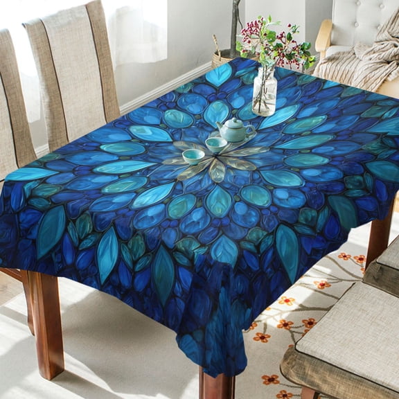 60"x90"Square Washable Wrinkle Resistant Heat Resistant Table Cloth Decorative Table Cover for Kitchen Dining Room, Multiple Sizes Available Blue Glass Leaves Pattern