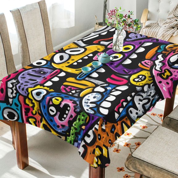 60"x90"Square Washable Wrinkle Resistant Heat Resistant Table Cloth Decorative Table Cover for Kitchen Dining Room, Multiple Sizes Available Colorful Cartoon Monsters