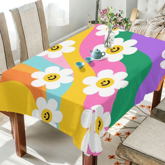 60"x90"Square Washable Wrinkle Resistant Heat Resistant Table Cloth Decorative Table Cover for Kitchen Dining Room, Multiple Sizes Available Smiley Daisy on Rainbow Background