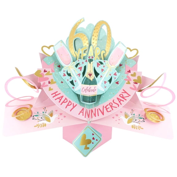 60 years Happy 60th Anniversary Love Kates Pop-Up Card with Champagne & Hearts POP216