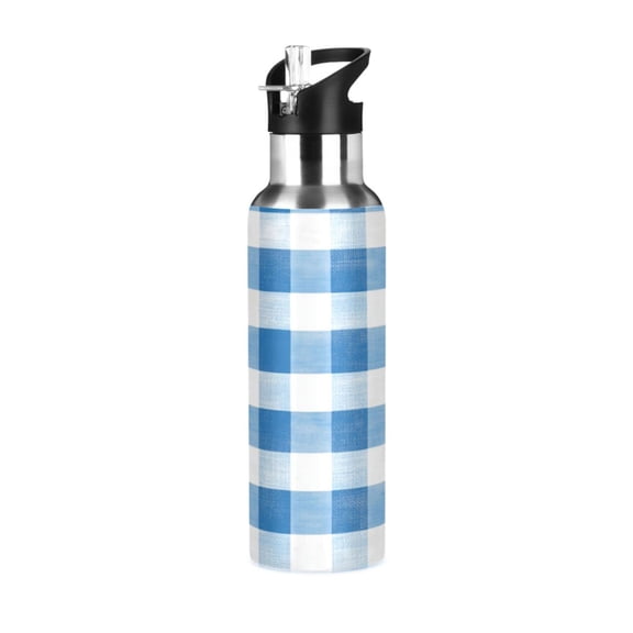 600/1000ML Stainless Steel Sport Water Bottle with Straw Lid Leak Proof, Vacuum Insulated Mug for Outdoor Activities, Cycling, Running & Walking Blue and White Checkered Pattern