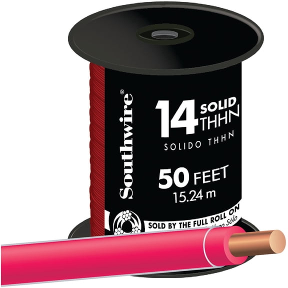 THHN Building Wire, Copper, 14 AWG, 1C, Red, Solid, 50 ft 11581683
