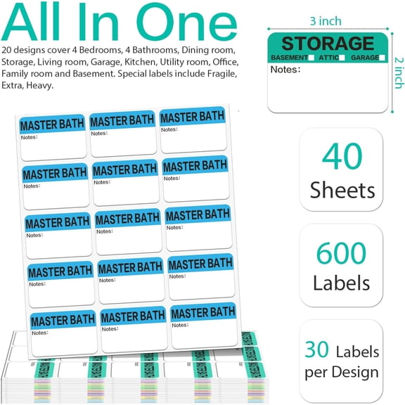 600 3 x 2 Large Moving Box Labels, Suitable for 3-4 Bedroom Houses, with Writable Notes Area, 17 Color-Coded Moving Box Labels + Fragile Moving Stickers + Heavy and Blank Labels