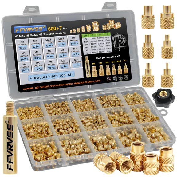 600+7Pcs M2 M2.5 M3 M4 M5 M6 Premium Brass Threaded Inserts, Metric Brass Knurled Nuts Assortment Kit, with Heat Set Insert Tool, for Plastic and 3D Printing Components, All-in-one Solutions