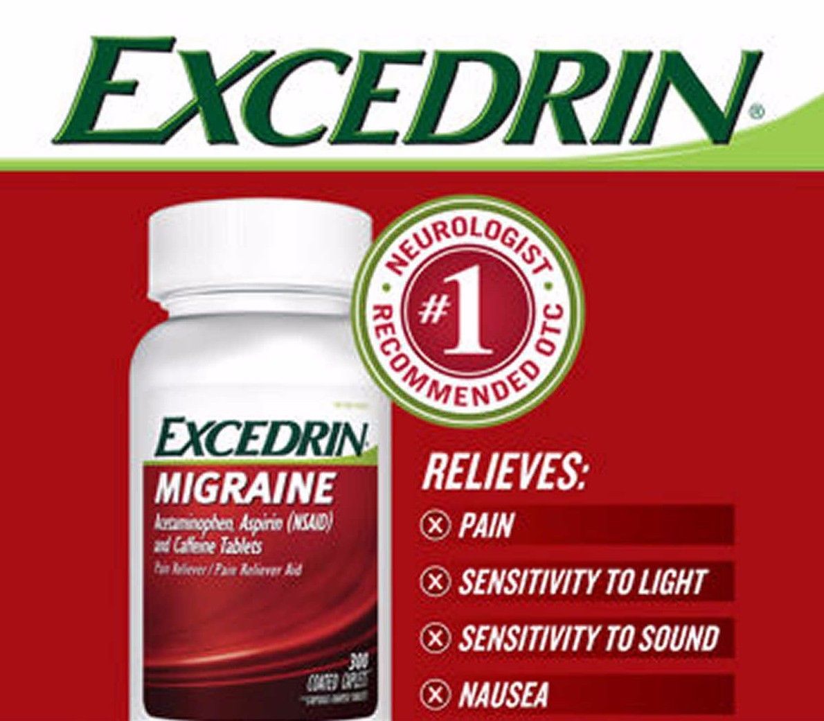 600 Tabletas Excedrin Migraña Acetaminofén Aspirina Cafeína Aliviador de Dolor Ayuda
