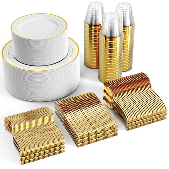 600 Count Disposable Silver Rimmed Dinnerware Set Includes Plates, Cups, & Cutlery for Large Parties and Weddings