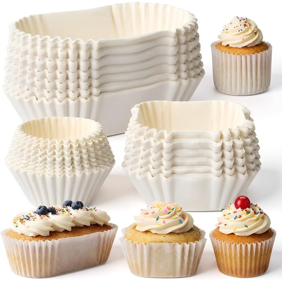600 Count Mini Cupcake Liners Disposable Muffin Brownie Baking Cupcake Loaf Pan Liners Oval Square Round White Cup Cake Pan Small Muffin Cup Cake Paper Wrappers for Wedding Party Birthday