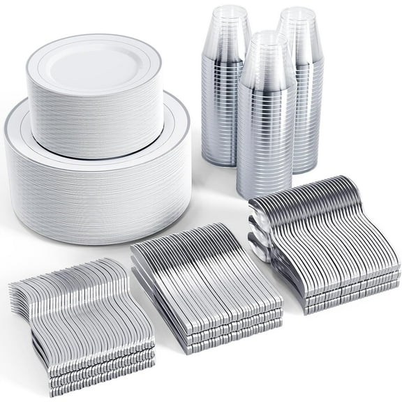 600 Ct Silver Dinnerware Set for 100 Guests - Silver Rimmed Disposable Plastic Plates, Includes 100 Dinner & Salad Plates, Cups, Cutlery Set for Wedding Parties