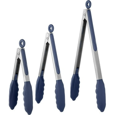 600°F Heat Resistant Kitchen Tongs: U-Taste 7/9/12 inch Silicone Cooking Tong Set with Non Stick Rubber Tips and Silicon Coated 18/8 Stainless Steel Handle for Serving Grilling Salad(Blue)