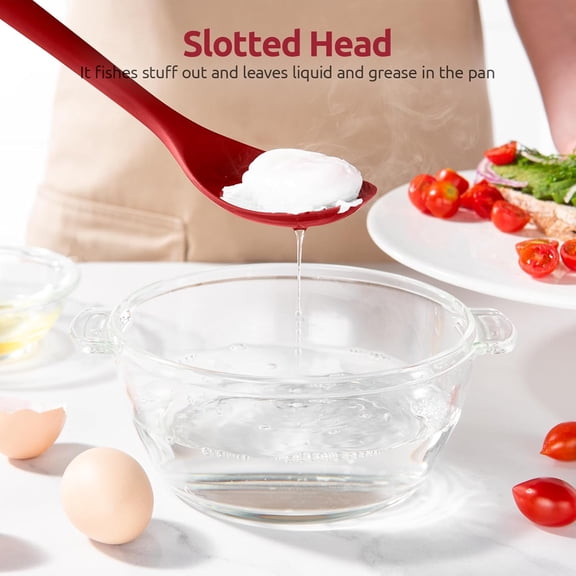 600 ° F Heat Resistant Silicone Spoons, 13.3in Solid & Slotted Kitchen Cooking Spoon Set, Nonstick Long Rubber Utensil for Mixing Serving Stirring Frying Draining (Red, 2PCS)