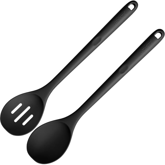 600°F Heat Resistant Silicone Spoons: U-Taste 13.3in Solid & Slotted Kitchen Cooking Spoon, Nonstick Long Rubber Utensil, Sturdy for Mixing, Serving, Stirring, Frying, Draining (Black, 2PCS)