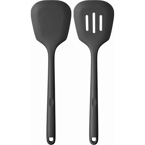 600°F Heat Resistant Silicone Turners: U-Taste 13.6in Long Solid & Slotted Kitchen Spatula Flipper, Large Flexible Cooking Utensil for Flipping Egg, Pancake in Nonstick Cookware (Black, 2PCS)