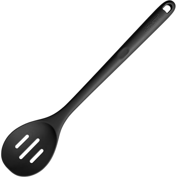600°F Heat Resistant Slotted Spoon: U-Taste 13.6in Solid Kitchen Cooking Spoon, Nonstick BPA Free Large & Long Rubber Utensil for Mixing, Serving, Stirring, Basting, Frying, Draining (Black)