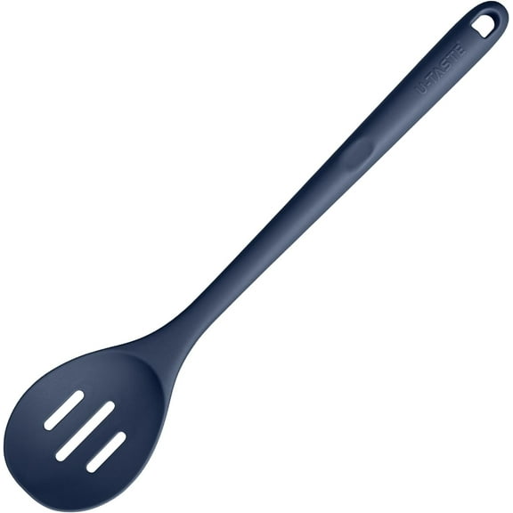 600°F Heat Resistant Slotted Spoon: U-Taste 13.6in Solid Kitchen Cooking Spoon, Nonstick BPA Free Large & Long Rubber Utensil for Mixing, Serving, Stirring, Frying, Draining (Midnight Blue)