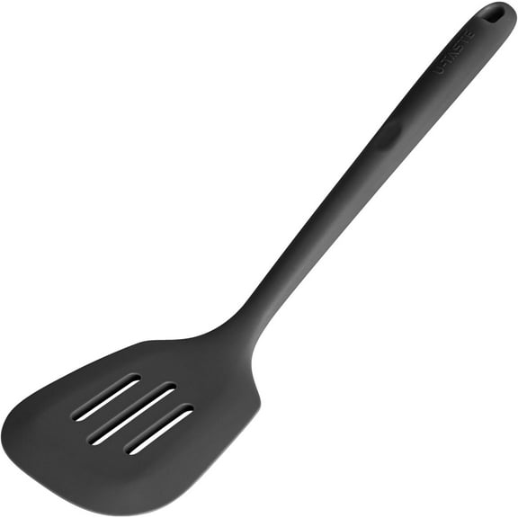 600°F Heat Resistant Slotted Turner: U-Taste 13.6in Silicone Kitchen Spatula Flipper, 3.85in Wide BPA Free Flexible Thin Rubber Cooking Utensil for Egg, Pancake, Cookie in Nonstick Cookware (Black)