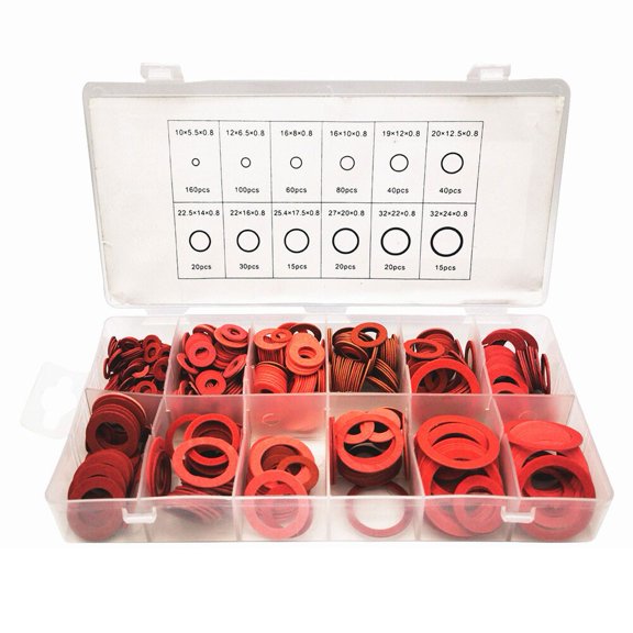 600 Flat Ring Seal Washers Crafted from Insulating Red Steel Paper, Various Sizes for Different Uses, Packaged in a Plastic Storage Box
