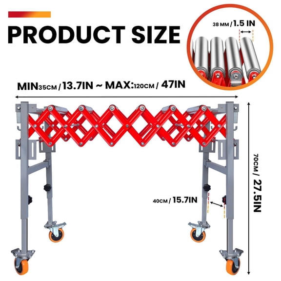 600 LBS Adjustable Conveyor Roller, Expandable Roller Conveyor 14-47 Inch, Telescopic Conveyor Belt for Workshop and Logistics