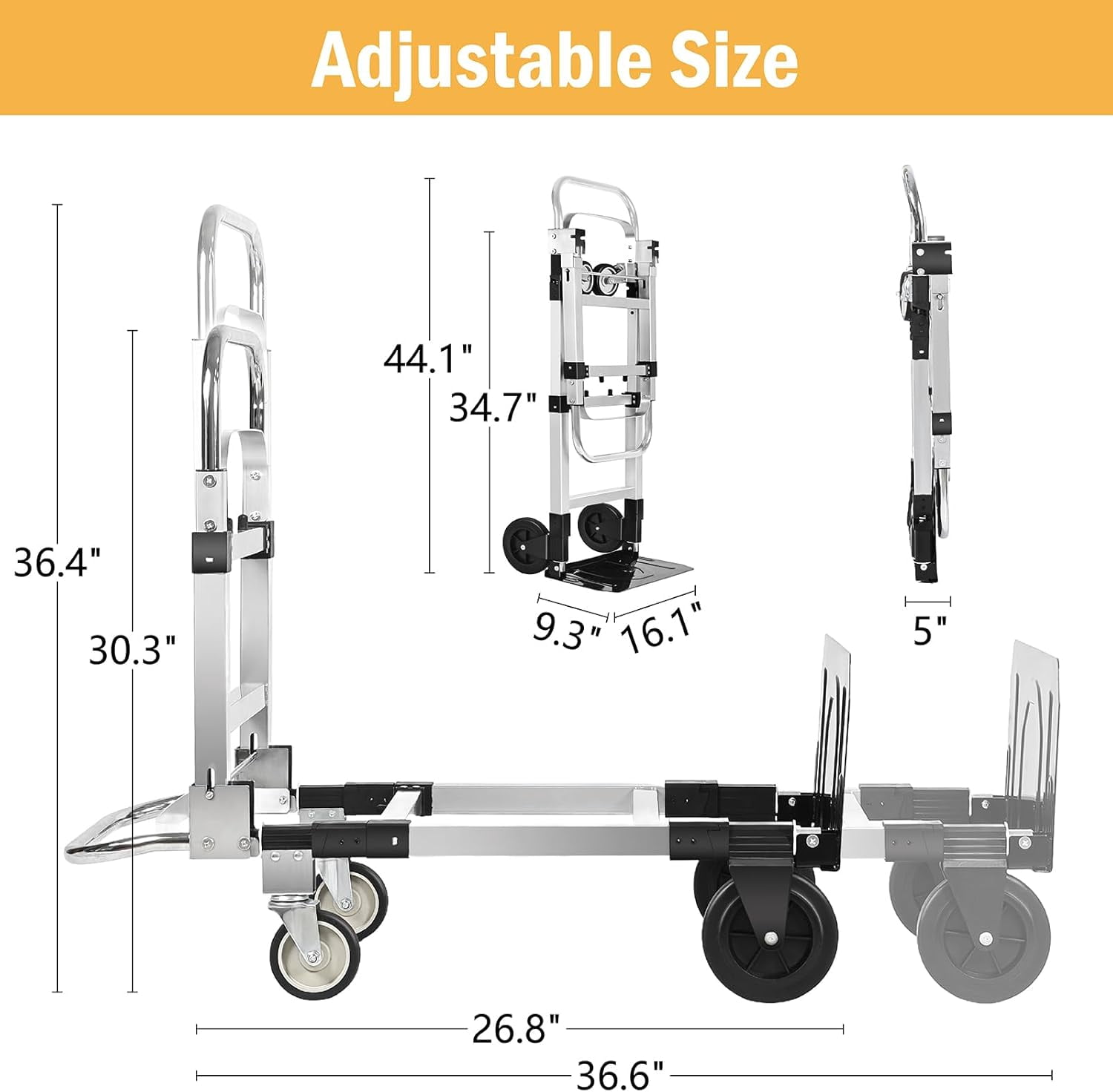 600 LBS Heavy Duty Dolly Cart with Wheels, 3-in-1 Folding Hand Truck with Retractable Handle, Aluminum Alloy Collapsible Hand Cart for Warehouse Home Supermarket