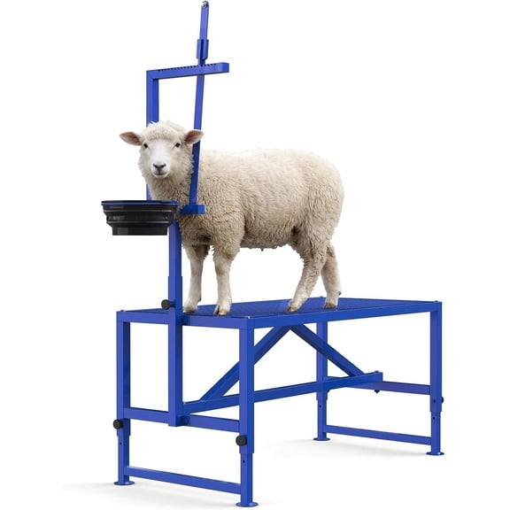 600 LBS Heavy Duty Goat Stand with Feed Bin, 47 Inch Adjustable Milking Stand with Headpiece & Adjustable Legs, Livestock Grooming Table for Shearing, Hoof Trimming, Physical Exam