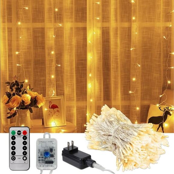 600 LEDs Window Curtain Lights, String Lights with Remote, Dual Control Mode, Warm White