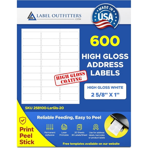 600 Label Outfitters® 2 5/8” x 1” White Printable High Gloss Address Labels – 20 Sheets