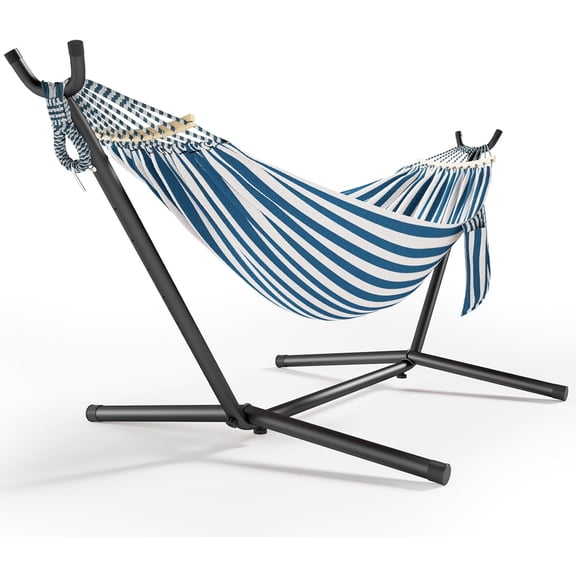 600 Lb Capacity 2 Person Hammock with Stand, Portable Outdoor or Indoor Hammock with Side Storage and Carrying Bag (Blue White)