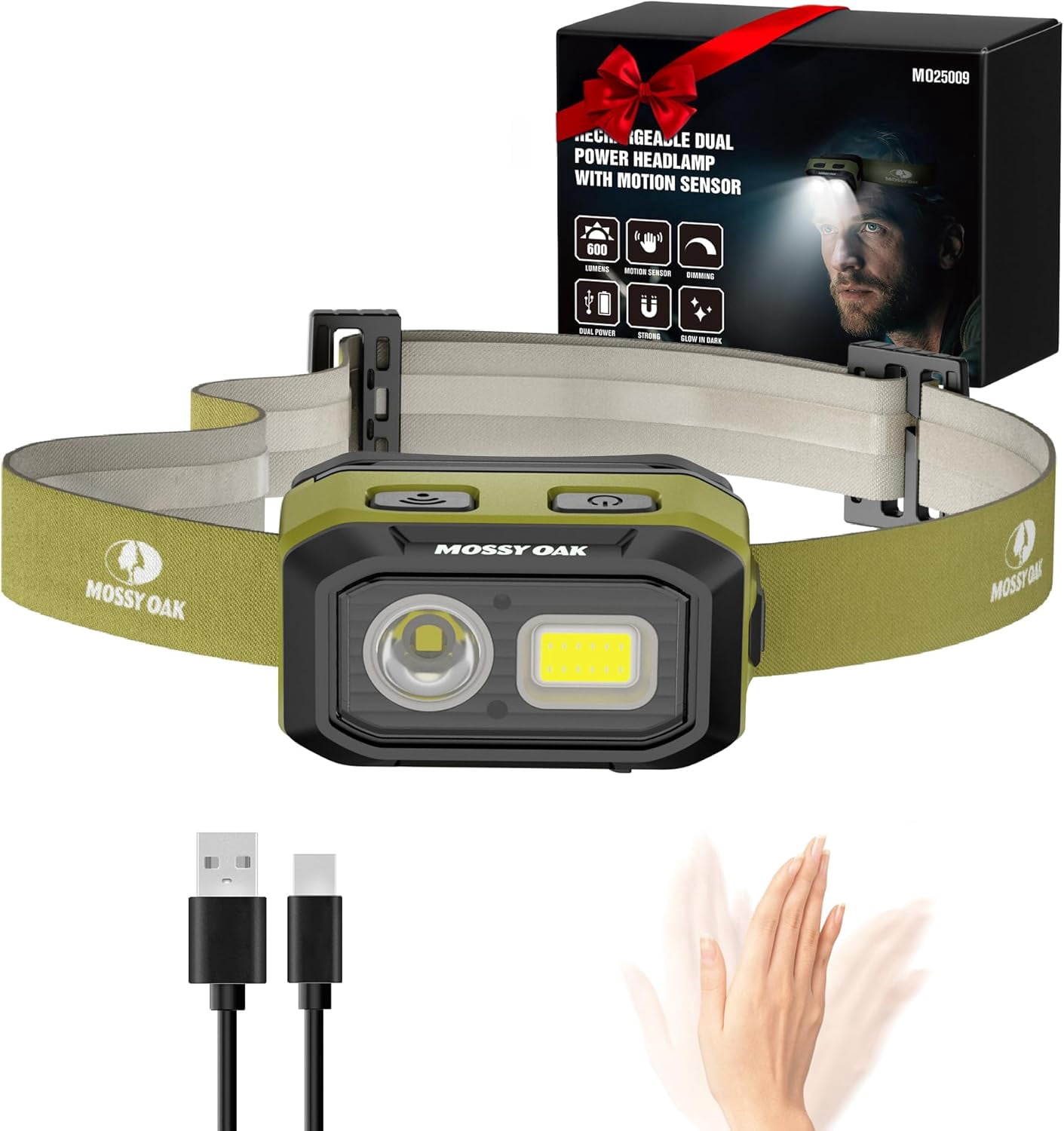 600 Lumens LED Headlamp, Dual Power Source, Motion Sensor Head Lamp with Magnetic Base, Stepless Dimming, Memory Mode for Camping, Running, Hiking, Valentine's Day