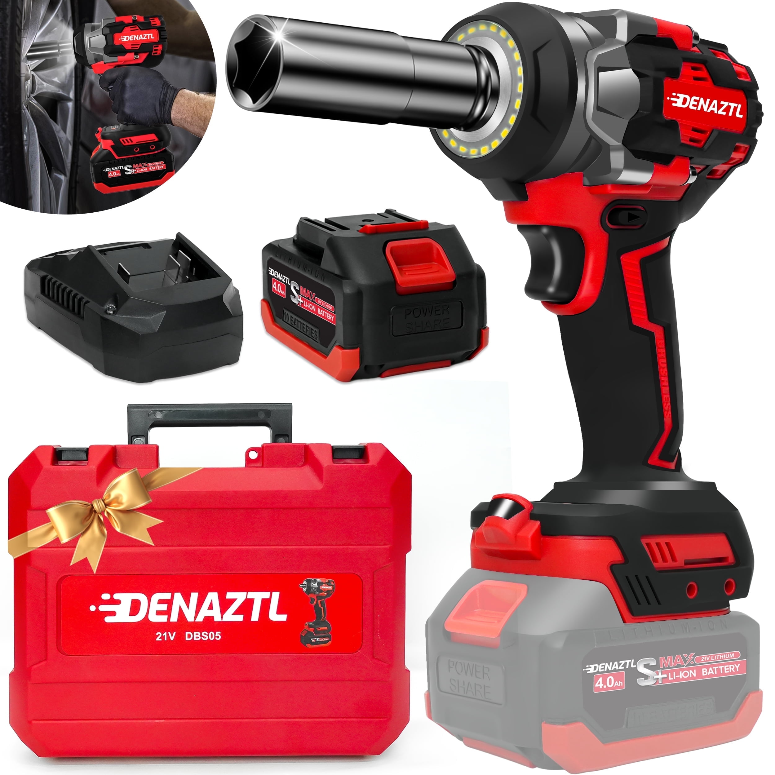 600 N.m Cordless Impact Wrench, 400 Ft-lbs 1/2 inch Electric Impact Gun, High Torque Brushless Impact Wrench w/ 2x 4.0Ah Battery, Fast Charger & 5 Sockets