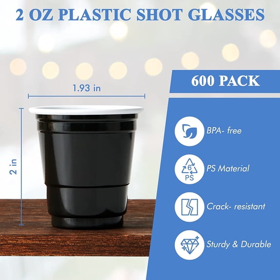 600 PACK 2 oz Plastic Shot Glasses, Mini Black Disposable Shot Cups for Parties, Carnivals, and Any Events