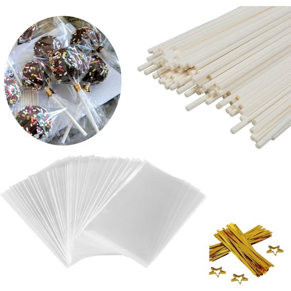 600 PCS Cake Pop Sticks and Wrappers Kit, Including 200 Pcs 6 inch Paper Lollipop Sticks, 200 Pcs Clear Treat Bags Twist Ties for Cakepop, Lollipop, Hard Candy, Suckers, Chocolate