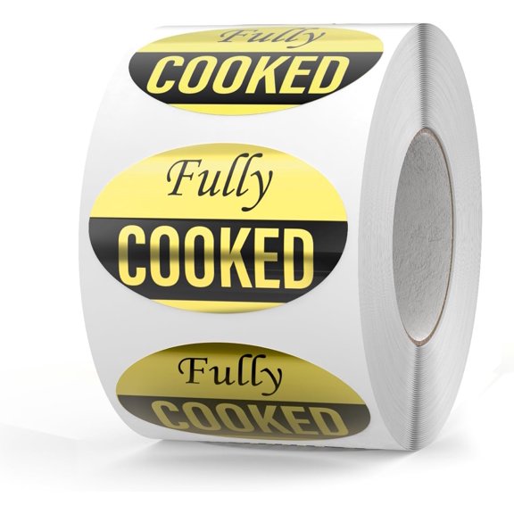 600 PCS Fully Cooked Stickers Roll 1.25x2 Inch Grocery Store Food Gold Labels Waterproof Self Adhesive Removable Label for Business Supermarket