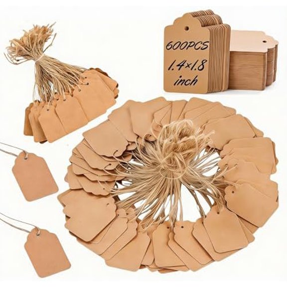 600 PCS Pre-Strung Key Tags with String Attached, Brown Kraft Paper Key Labels, Writable Blank Tags, 1.4 x 1.8 Inch for Key Organization, Inventory Management, Retail Pricing, Clothing and