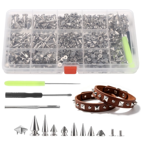 600 PCS Punk Studs and Spikes Kit, Cone Spikes, Square Pyramid Studs, Metal Rivets Set for Clothing Leathercraft Bags Shoes Jackets, DIY Punk Decoration with 3 Tools & Storage Box