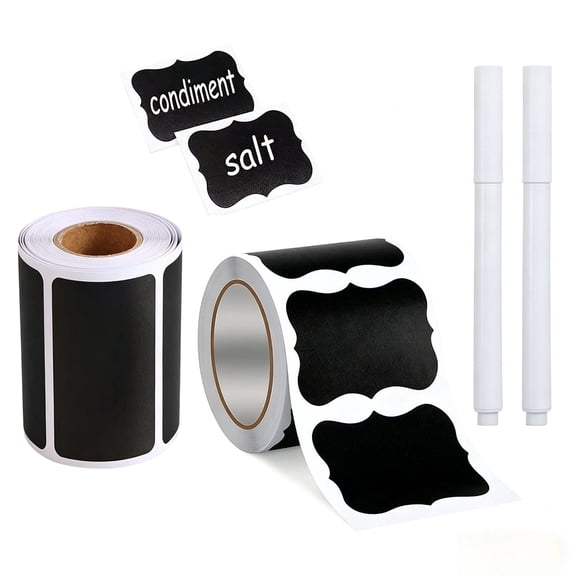 600 PCS Wavy & Rectangular Chalkboard Labels, Waterproof Erasable Reusable Stickers with 2 Chalk Markers for Kitchen Jars Spice Storage Bins (2 Rolls)