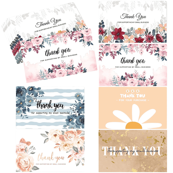 600 Pack 2.1" x 3.5" Bulk Thank You for Supporting My Small Business Cards, 6 Floral & Boho Designs for Online Retailers & Local Stores