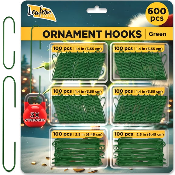 Leafeon Christmas Ornament Hooks 600 Pack, Green Metal Ornament Hangers, Assorted 1/4" & 1/2" Wire Christmas Tree Ornament Hooks for Holiday Decorations and Crafts