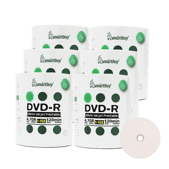 600 Pack Smartbuy 16X DVD-R 4.7GB 120Min White Inkjet Hub Printable Data Blank Media Recordable Disc