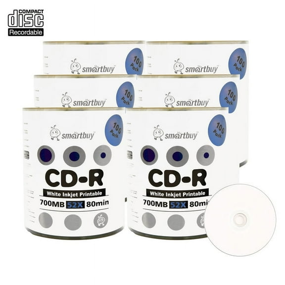 600 Pack Smartbuy 52X CD-R 700MB 80Min White Inkjet Hub Printable Data Blank Media Recordable Disc