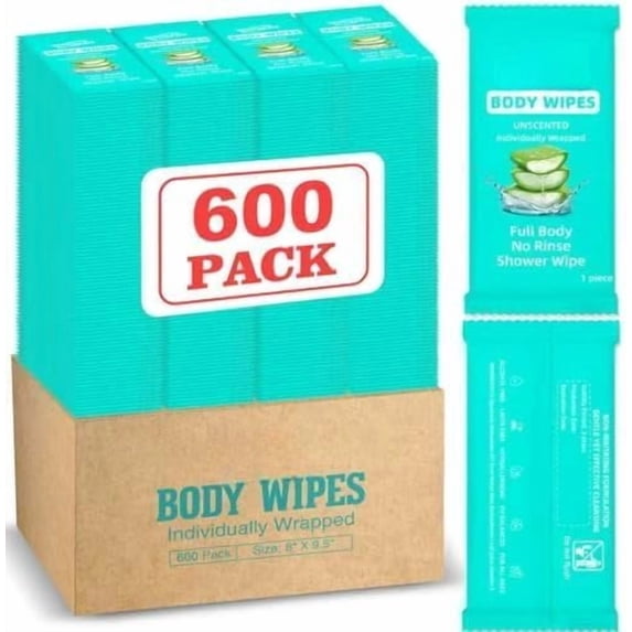 600 Pack Wipes Individually Wrapped(8" x 9.5"), Shower Wipe for Adults Bathing No Rinse,Personal Cleansing Wipes for Travel Gym,Bulk Deodorant for Homeless