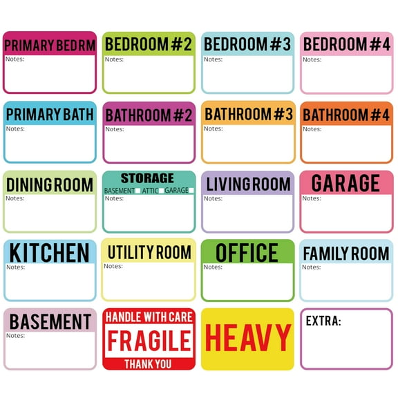600 Packing Labels for Moving, 3x2 Inch Box Stickers for 4 Bedroom Houses, 20 Designs with Fragile Heavy Warnings, Multicolor