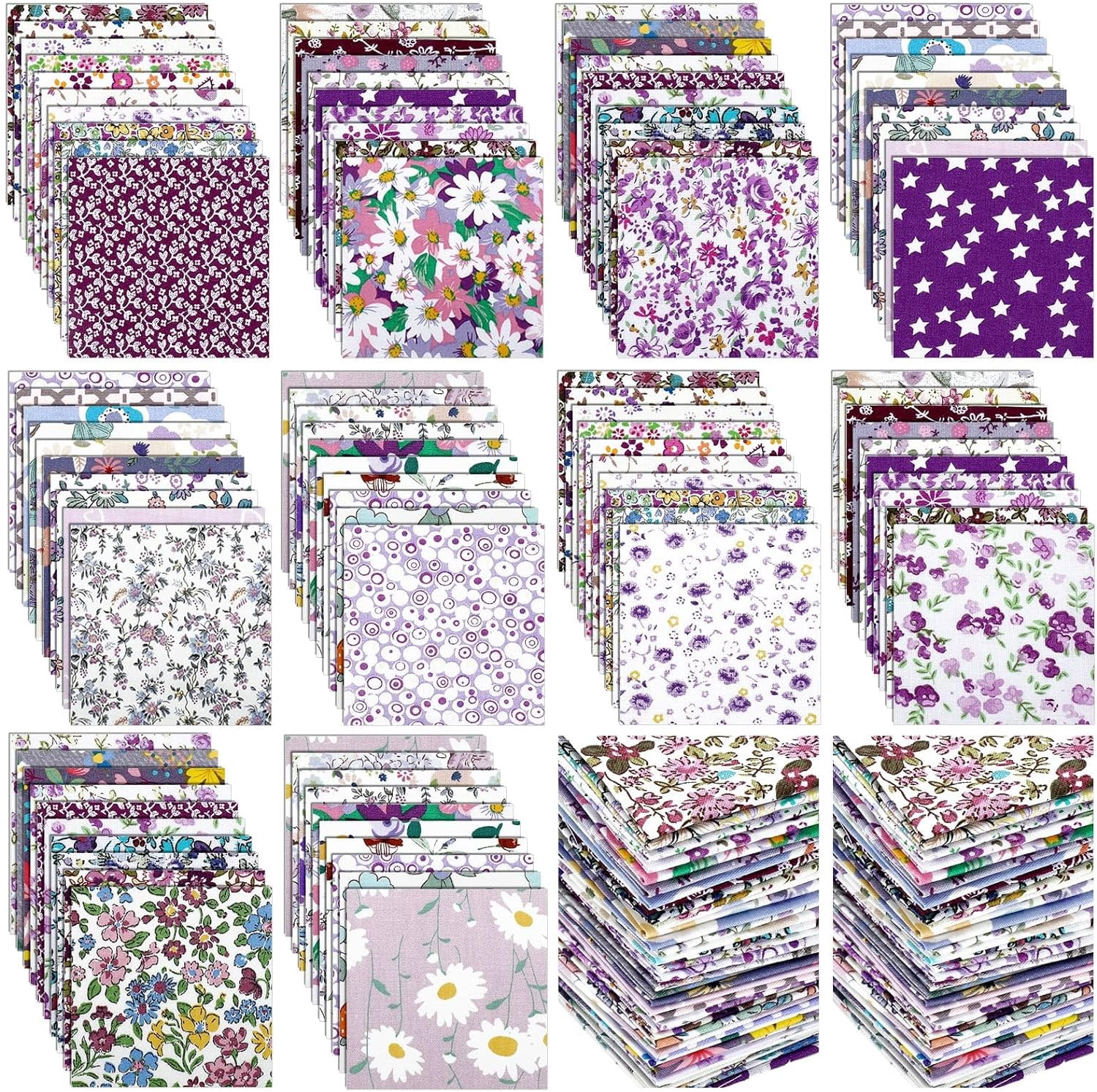 600 Pcs 4 x 4 Inch Cotton Fabric Square Precut Quilting Squares Printed Floral Patchwork Fabric Bundles for Spring DIY Craft Sewing Clothing Accessory(Purple)