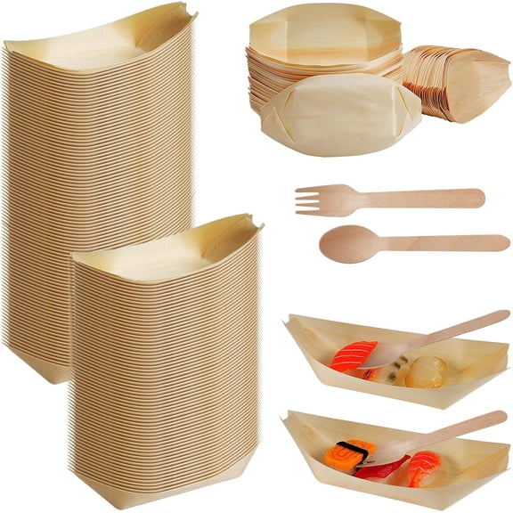 600 Pcs 6.7'' Bamboo Boat Plates Forks Spoons Disposable Appetizer Wooden Leaf Boat Plates Sushi Serving Tray Food Dishes Container Bowl for Catering Home Picnic Wedding Holiday Party