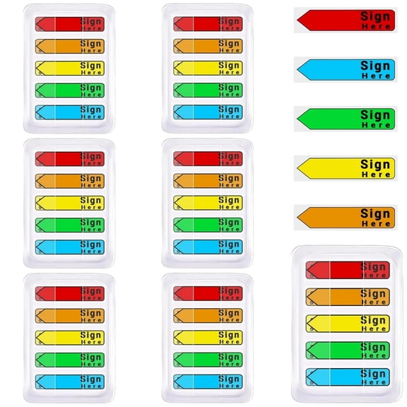 600 Pcs/6 Packs Sign Here Sign Date Tabs Stickers with Dispenser Sign Here Sticky Tabs Arrow Flag Tabs for Notary Books Paper Documents - Multicolor