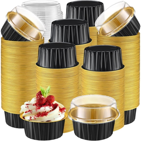 600 Pcs Aluminum Foil Baking Cups with Lids 5 oz Disposable Ramekins Mini Cake Pans Creme Brulee Cupcake Liners Muffin Dessert Containers Classic Black and Gold