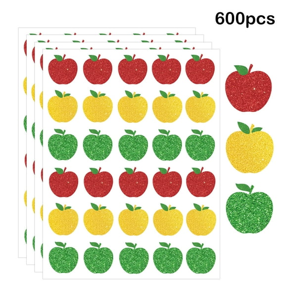 600 Pcs Apple Shape Glitter Stickers - Back to School, Fall Classroom Decor, Teachers Reward Stickers for First Day of School, 3 Colors