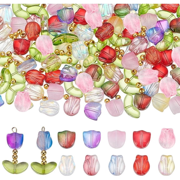 600 Pcs Colorful Translucent Tulip Flower Beads Handcrafted Glass Tulip Spacer Loose Flower Beads for Jewelry Making Earring Bracelet DIY Craft Spring Summer White