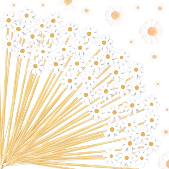 600 Pcs Daisy Cocktail Picks 4.7 Inch Spring Floral Bamboo Toothpicks Cocktail Skewers for Drinks Party Decorations Appetizers Fruit Drinks Party Supplies$$Home Decor, Kitchen, & Other